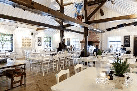 restaurang på siggesta med vita bord och träballkar i taket